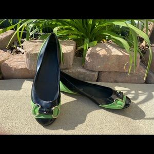 Gucci Green suede & black patent leather horse bit toe flats 8 1/2